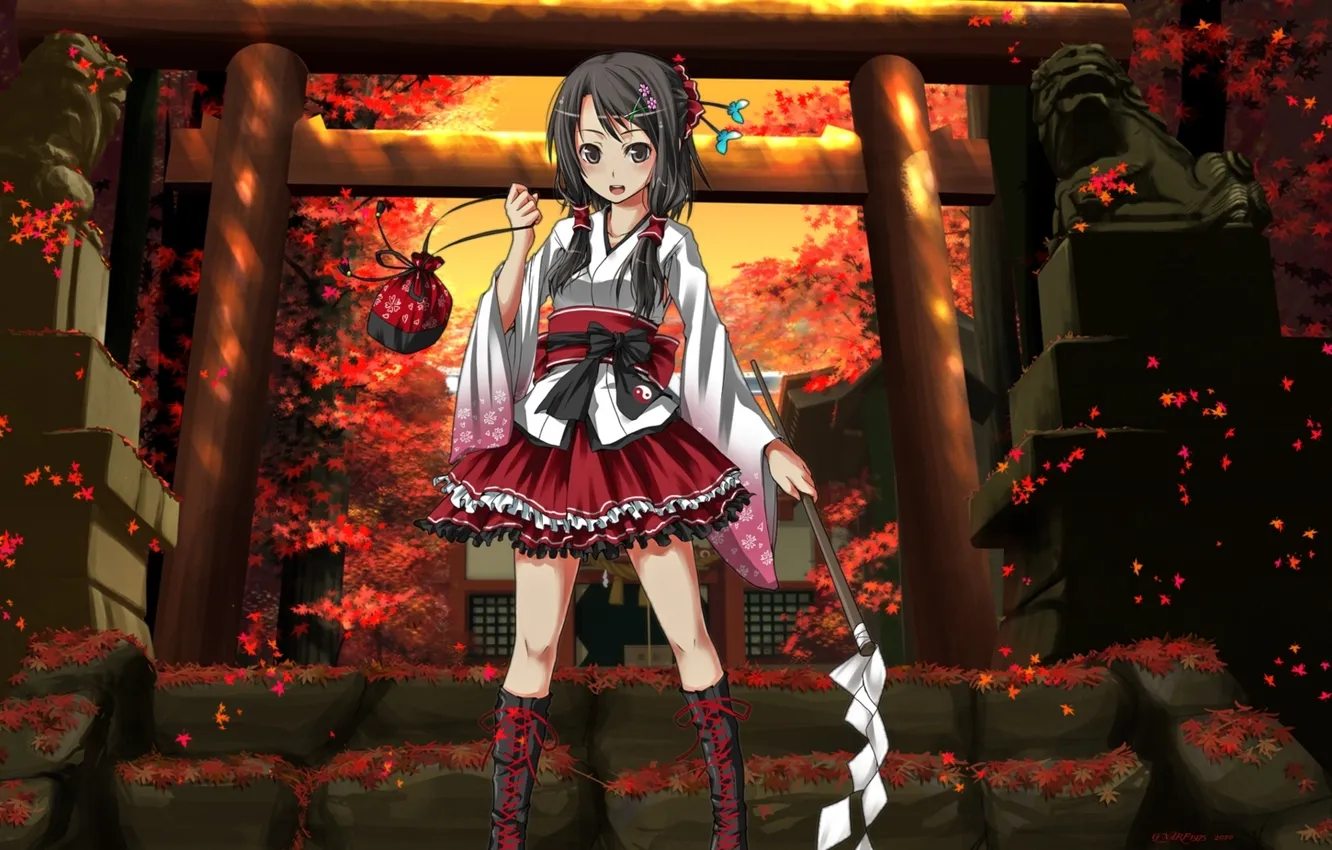 Photo wallpaper autumn, leaves, girl, anime, temple
