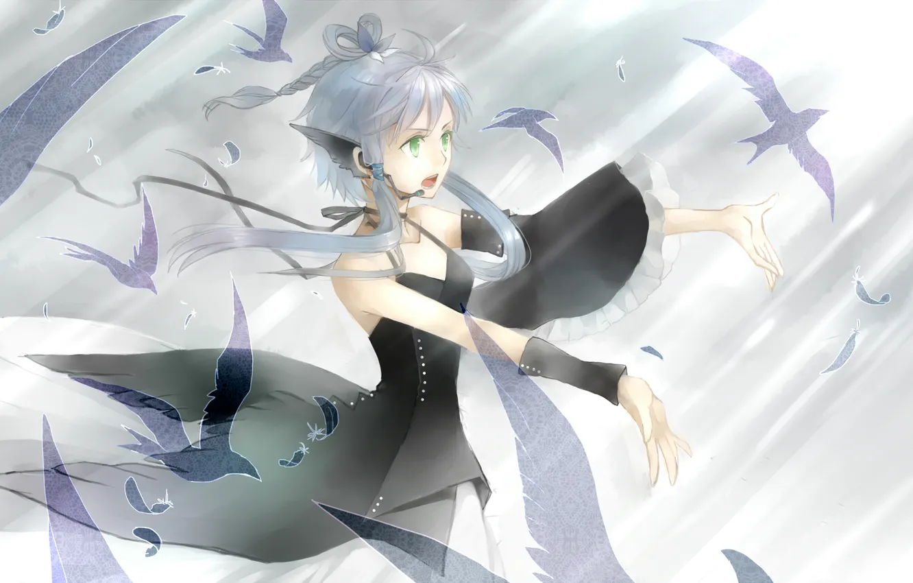Photo wallpaper girl, bird, feathers, headphones, art, microphone, vocaloid, Vocaloid