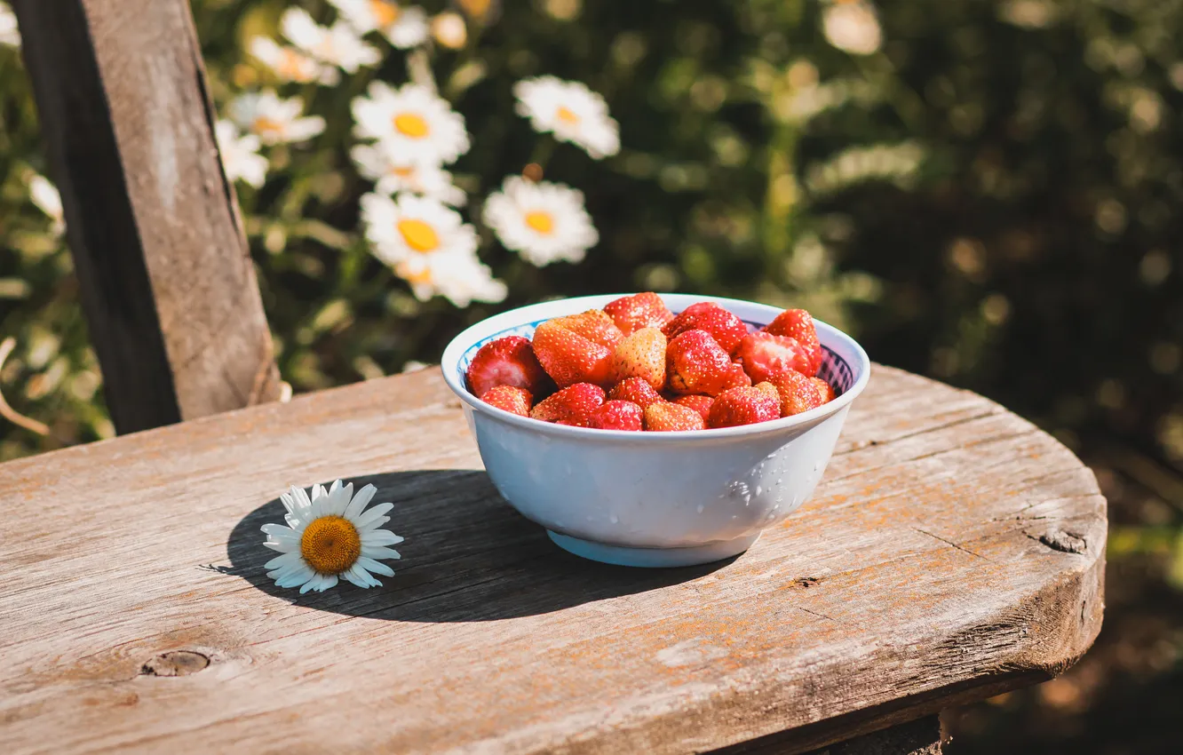 Photo wallpaper summer, nature, berries, mood, food, chamomile, strawberry, still life