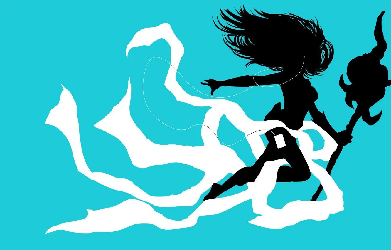 Photo wallpaper girl, minimalism, staff, blue background, League of Legends, Janna