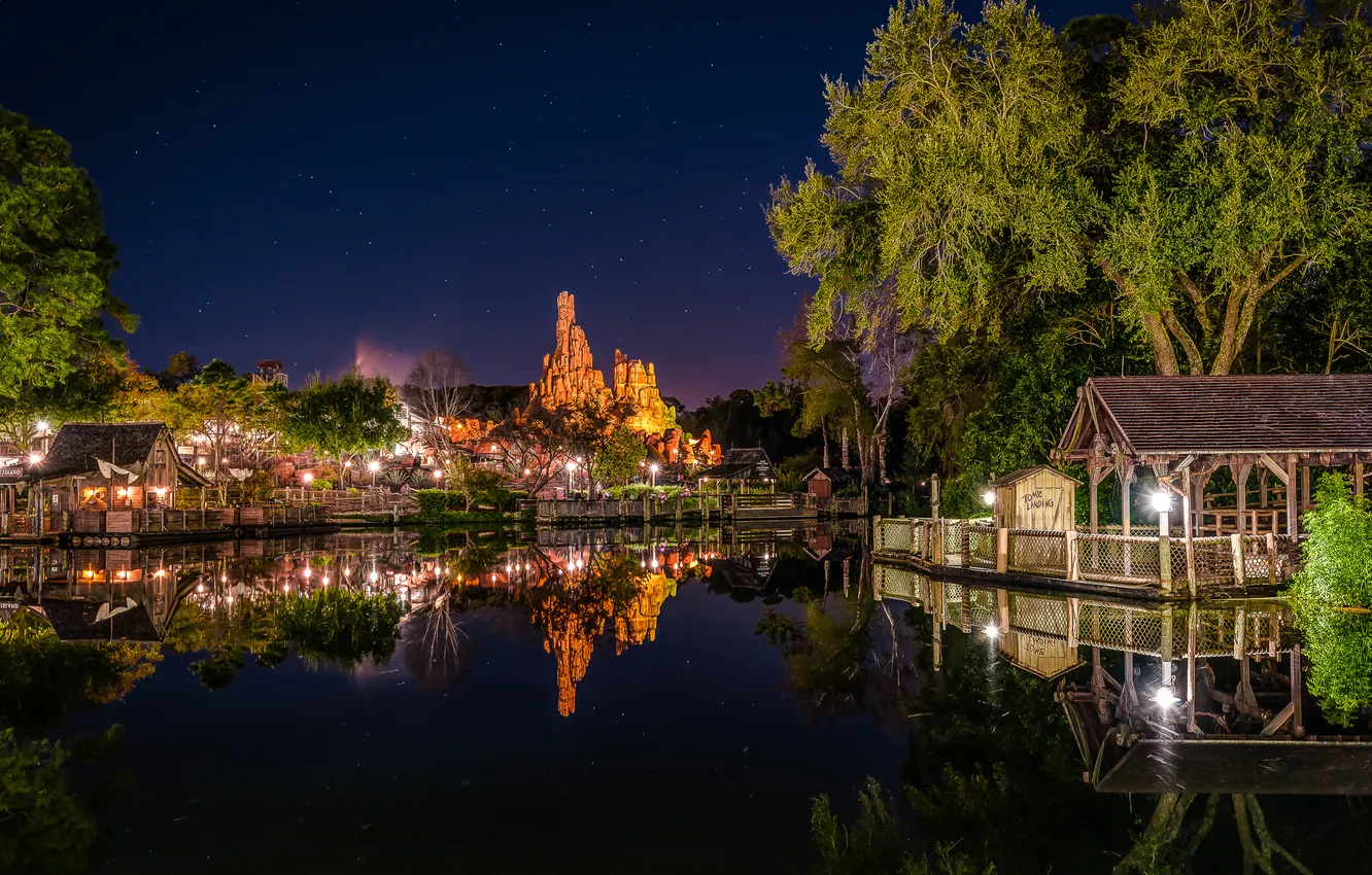 Photo wallpaper the sky, water, stars, night, design, lights, Park, reflection
