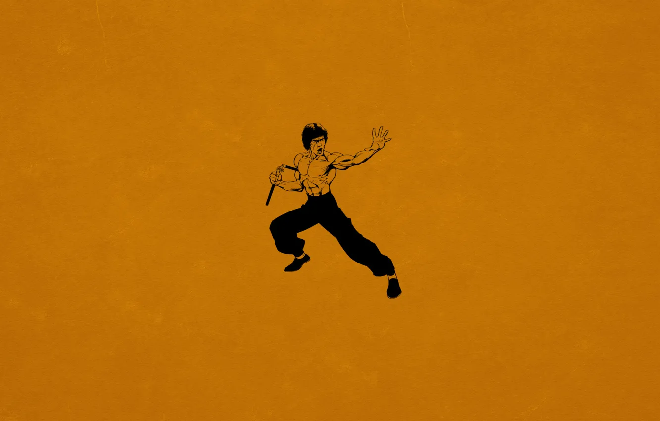 Photo wallpaper minimalism, Bruce Lee, Bruce Lee, kung fu, dark orange, Nunchuck