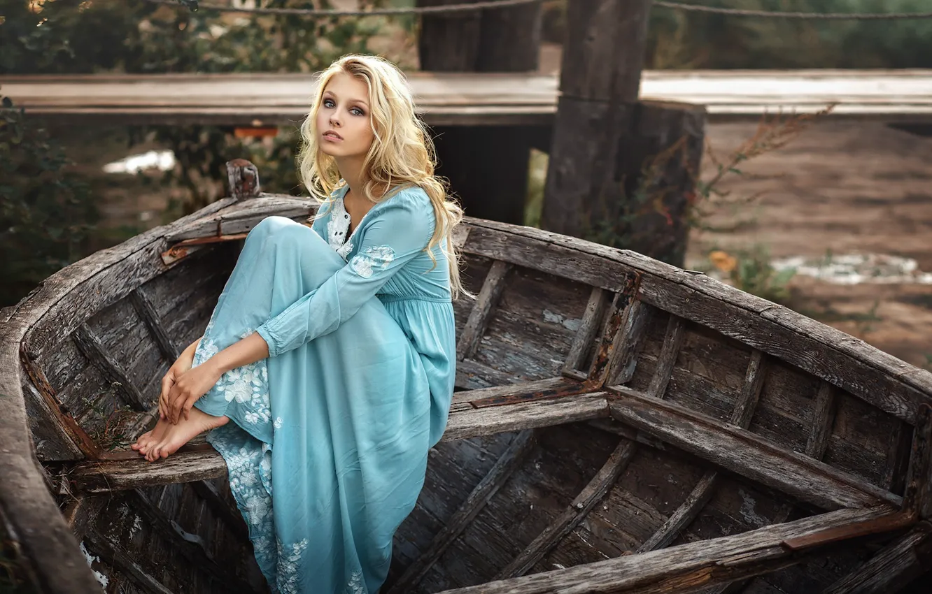 Photo wallpaper girl, boat, dress, blonde, Alisa Tarasenko