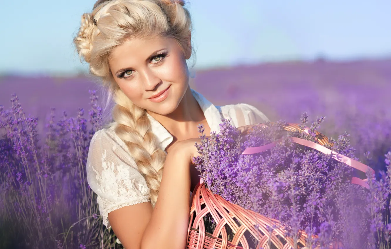 Photo wallpaper nature, makeup, blonde, braid, basket, girl. beautiful