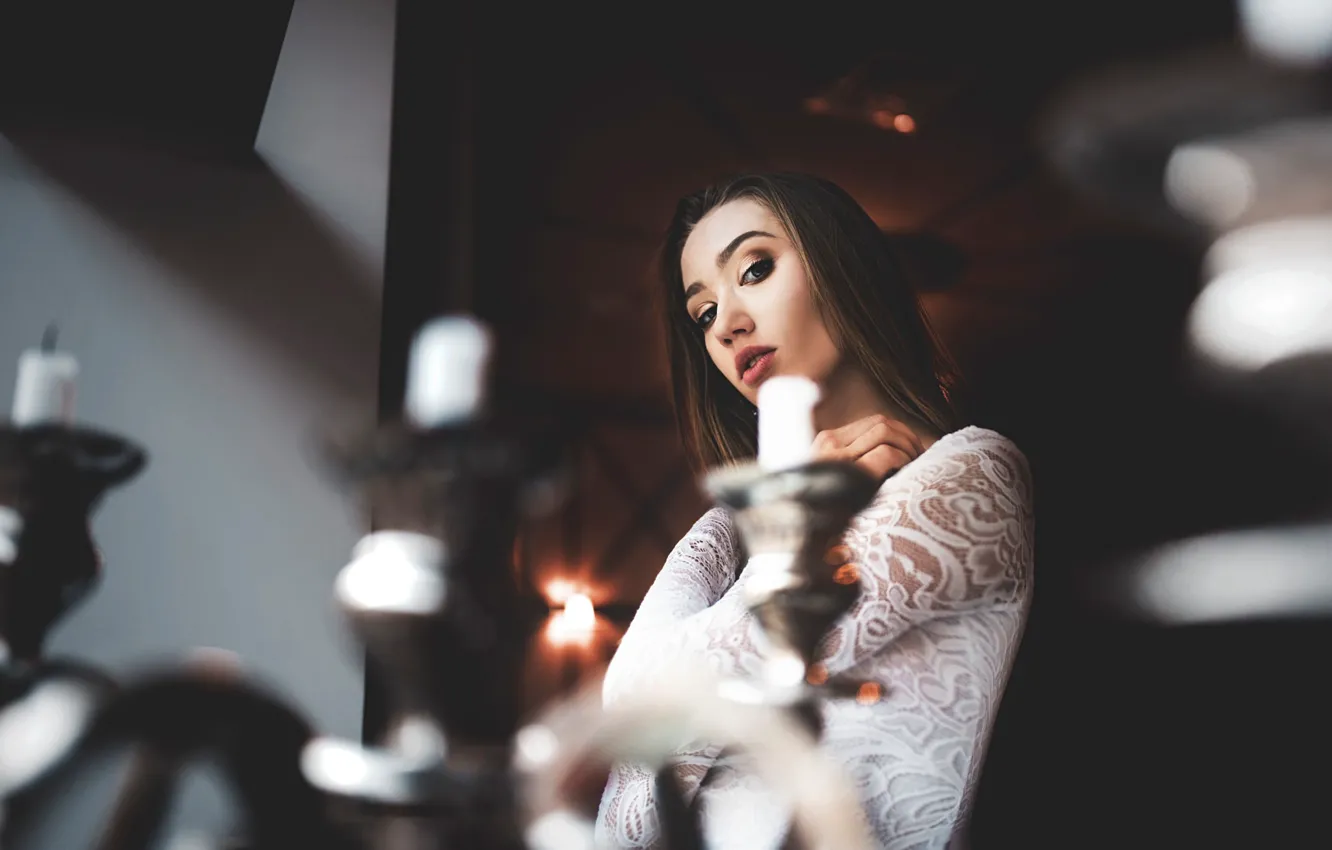 Photo wallpaper look, girl, portrait, candles, makeup, hairstyle, brown hair, in white