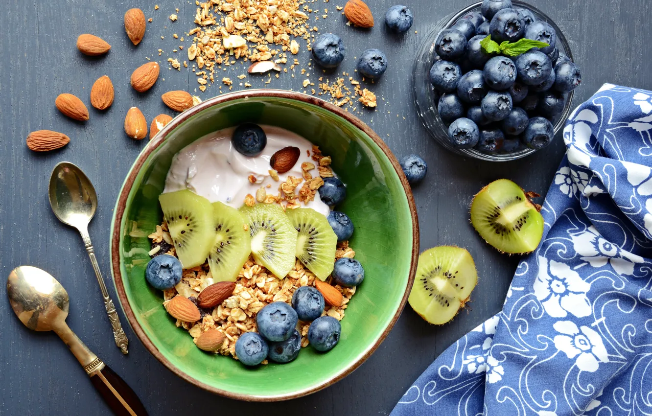 Photo wallpaper food, Breakfast, kiwi, blueberries, plate, nuts, muesli