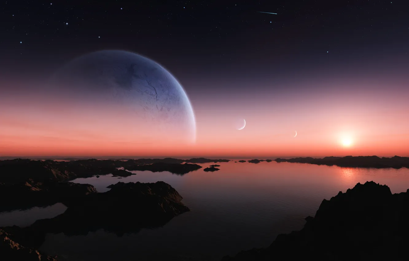 Photo wallpaper the sun, stars, light, lake, earth, planet, Entanglement