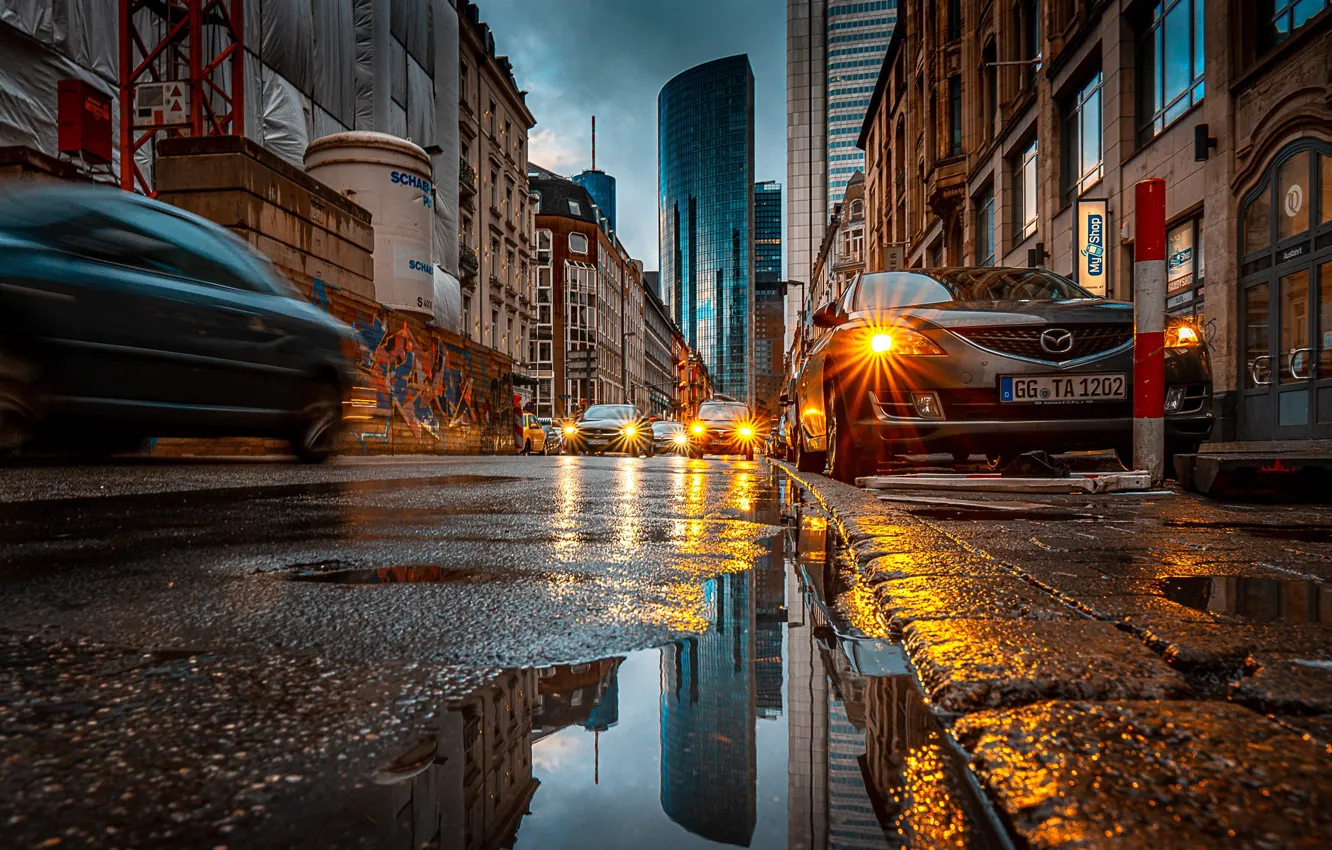 Photo wallpaper road, auto, machine, street, building, home, Germany, puddles