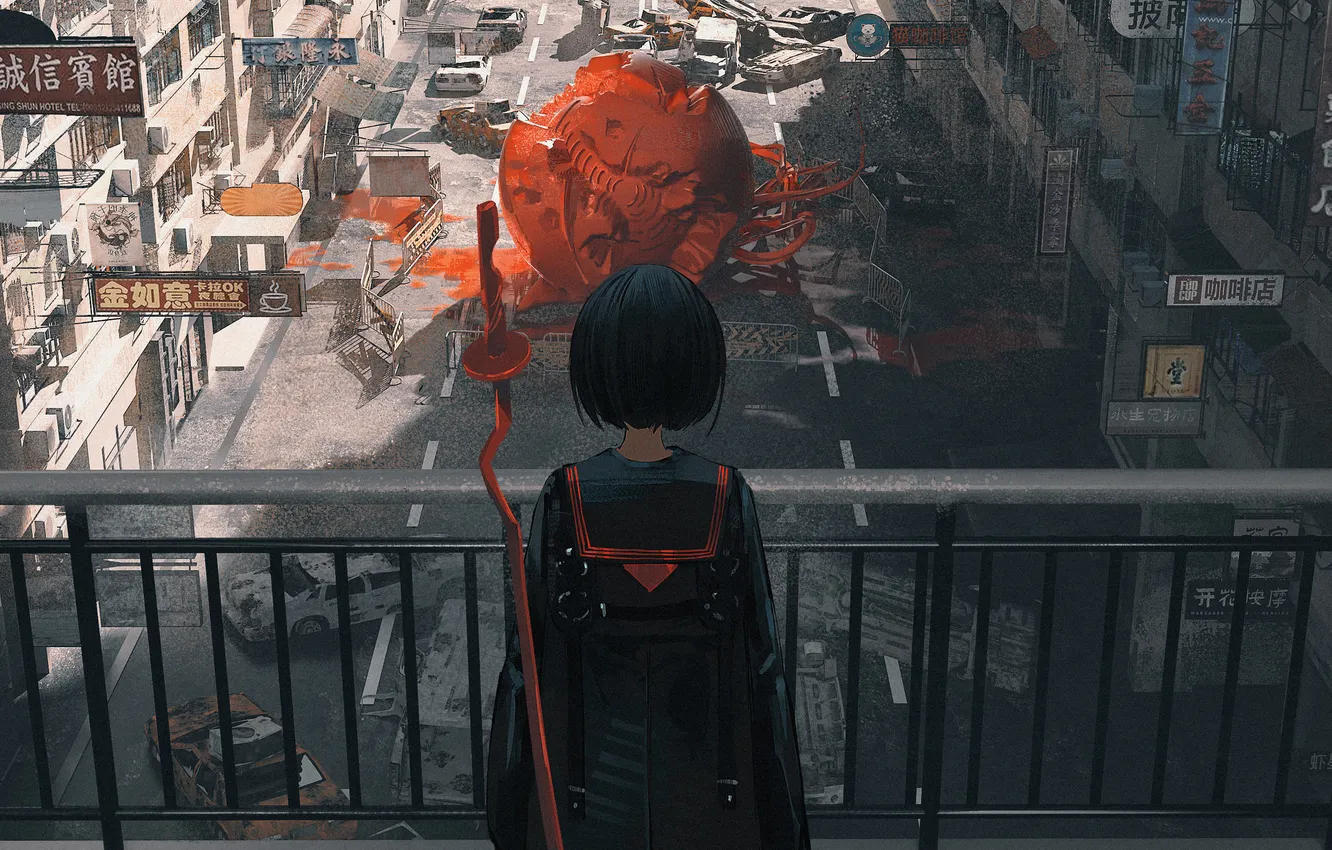 Photo wallpaper city, anime, fan art, ANIME STYLE, Anime Art, homutan1, armed girl