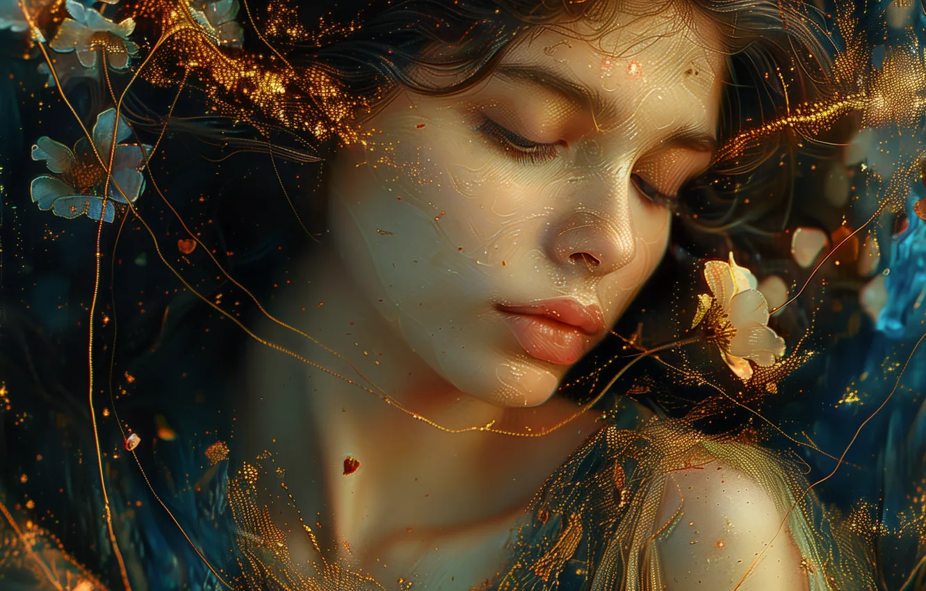 Photo wallpaper girl, light, line, flowers, face, pose, style, hair