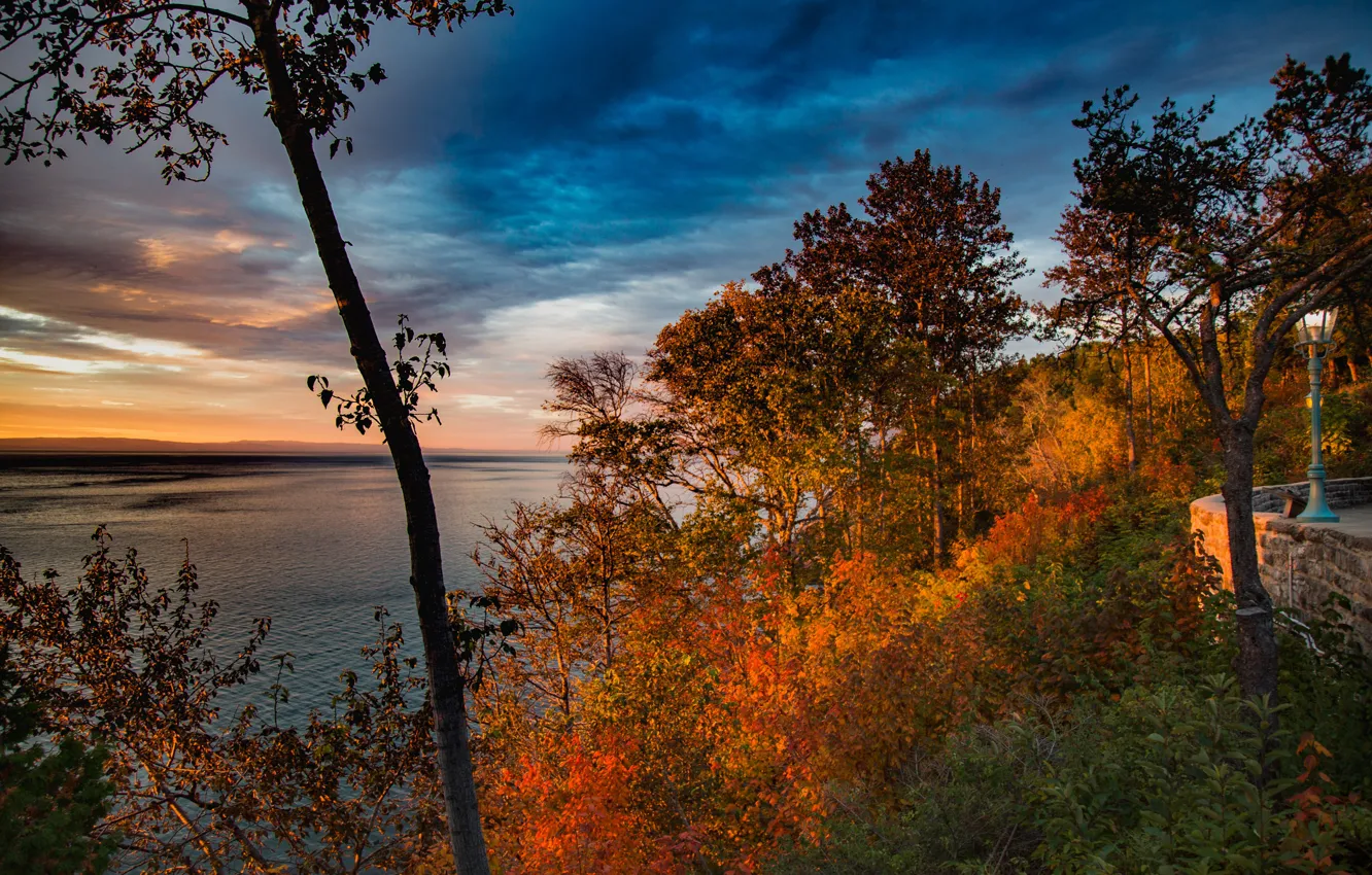 Photo wallpaper autumn, the sky, the sun, clouds, trees, river, the evening, Canada
