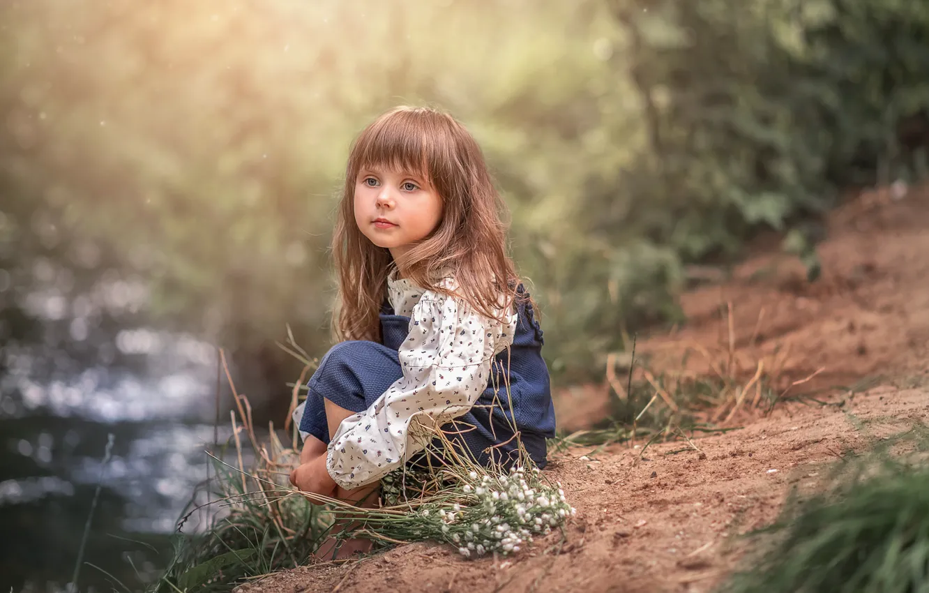 Photo wallpaper reverie, nature, children, river, girl, baby, a bunch, Berezhok