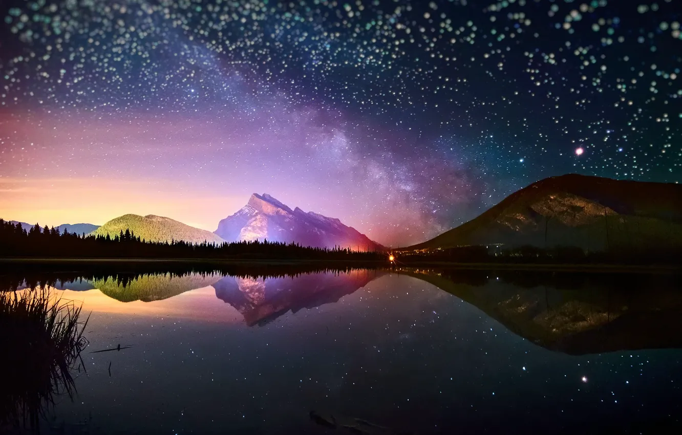 Photo wallpaper the sky, stars, light, reflection, mountains, night, lake, mountain