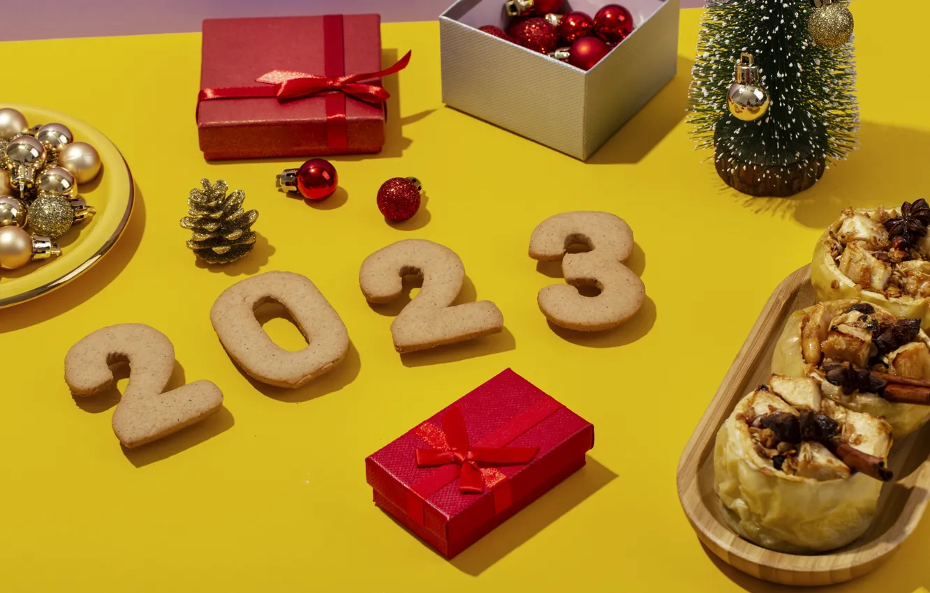 Photo wallpaper balls, red, table, box, gift, new year, food, cookies
