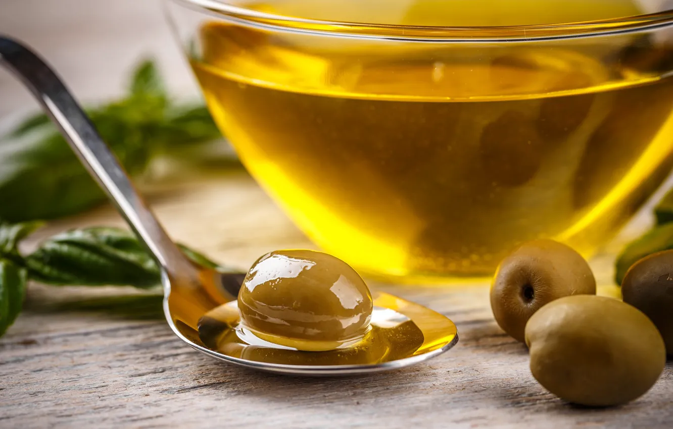 Photo wallpaper bowl, olives, olive oil