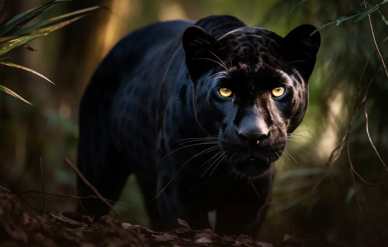 Photo wallpaper grass, mustache, look, face, black, predator, Panther, jungle