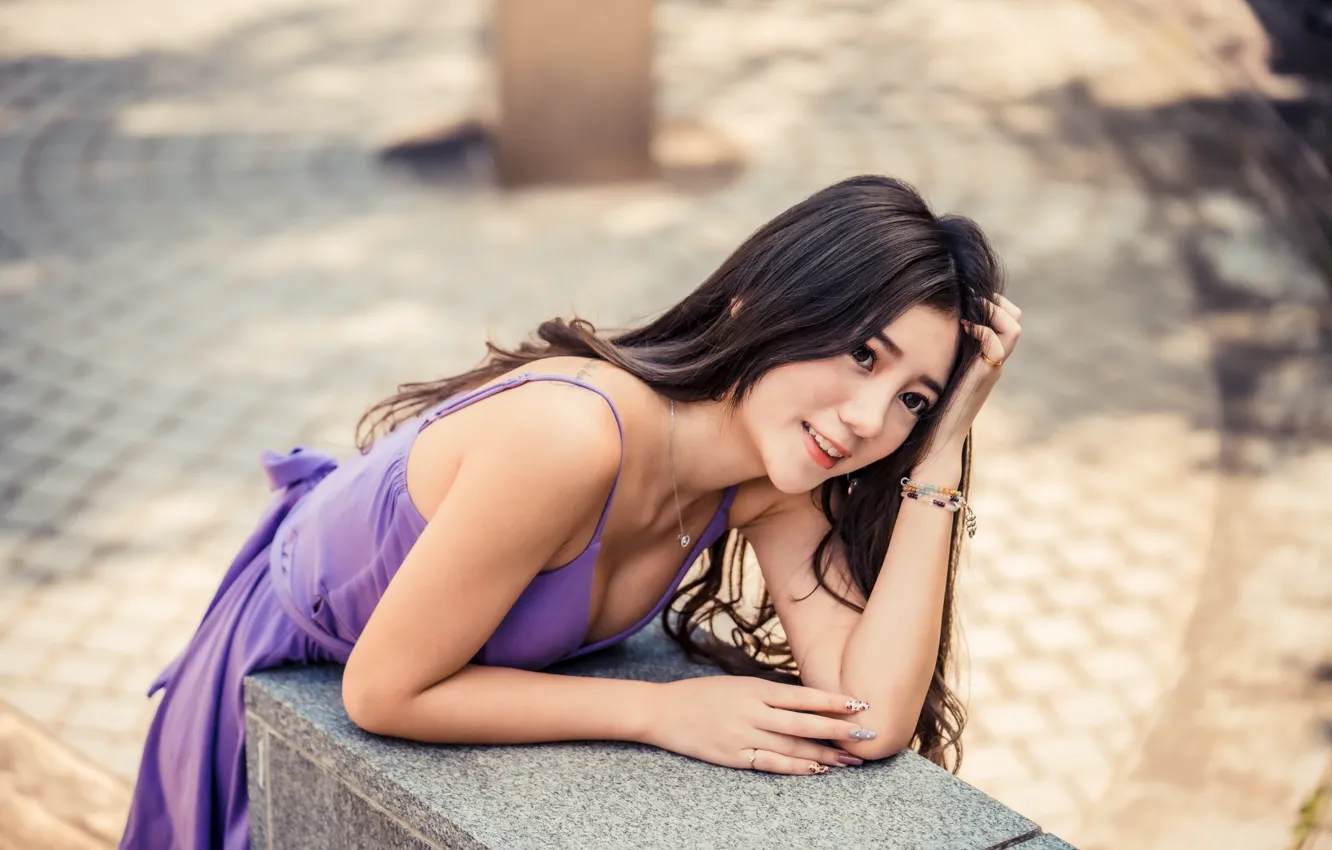 Photo wallpaper girl, dress, Asian, bokeh