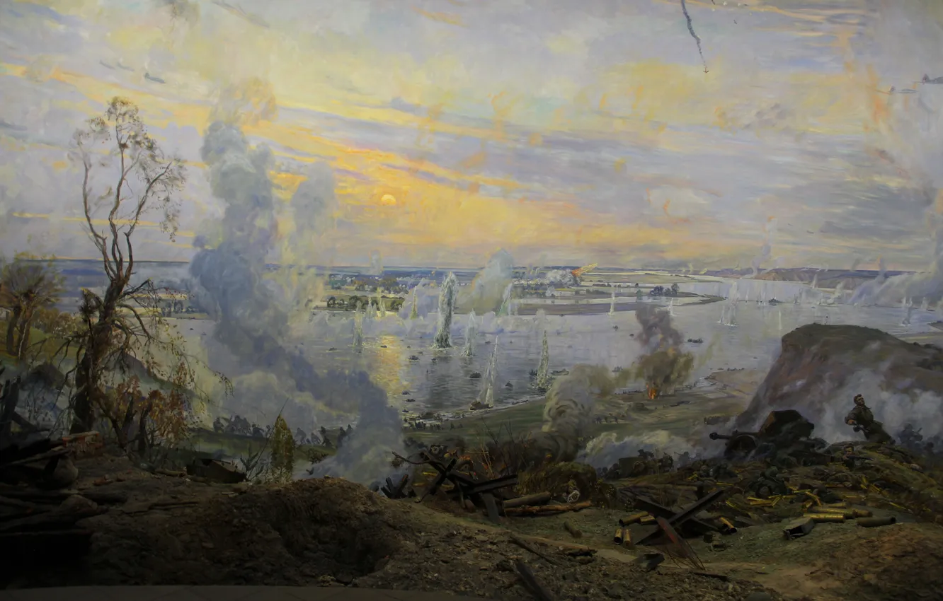 Photo wallpaper the explosion, river, war, smoke, picture, battle, soldiers, Moscow
