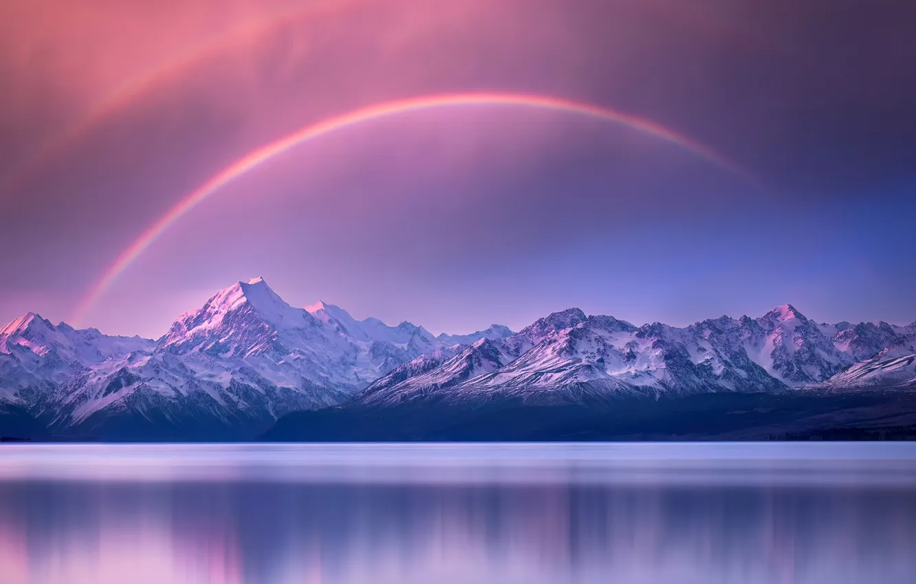 Photo wallpaper lake, calm, rainbow, rainbow, mountain range, Range, Snowy mountain, Snow Mountain