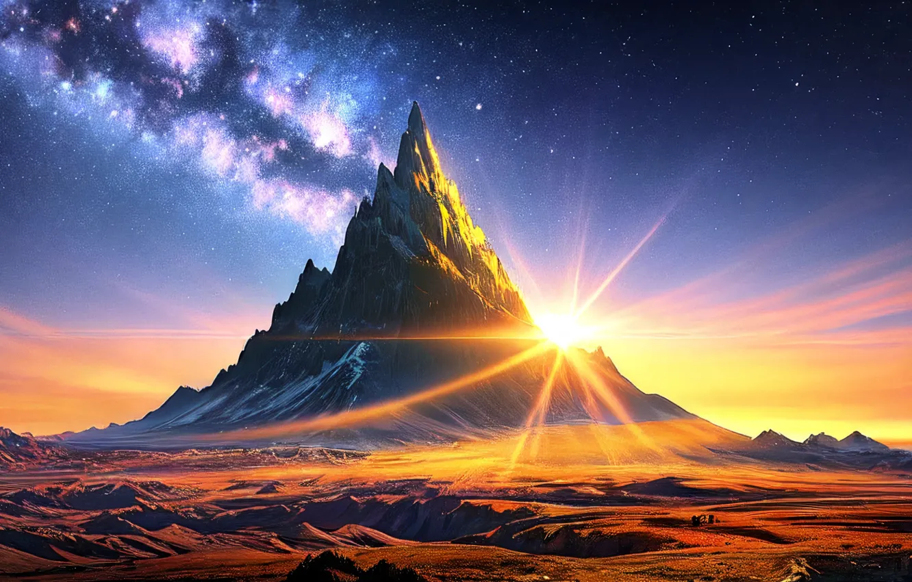 Photo wallpaper freedom, the sun, landscape, mountains, beauty, plain, space, digital art
