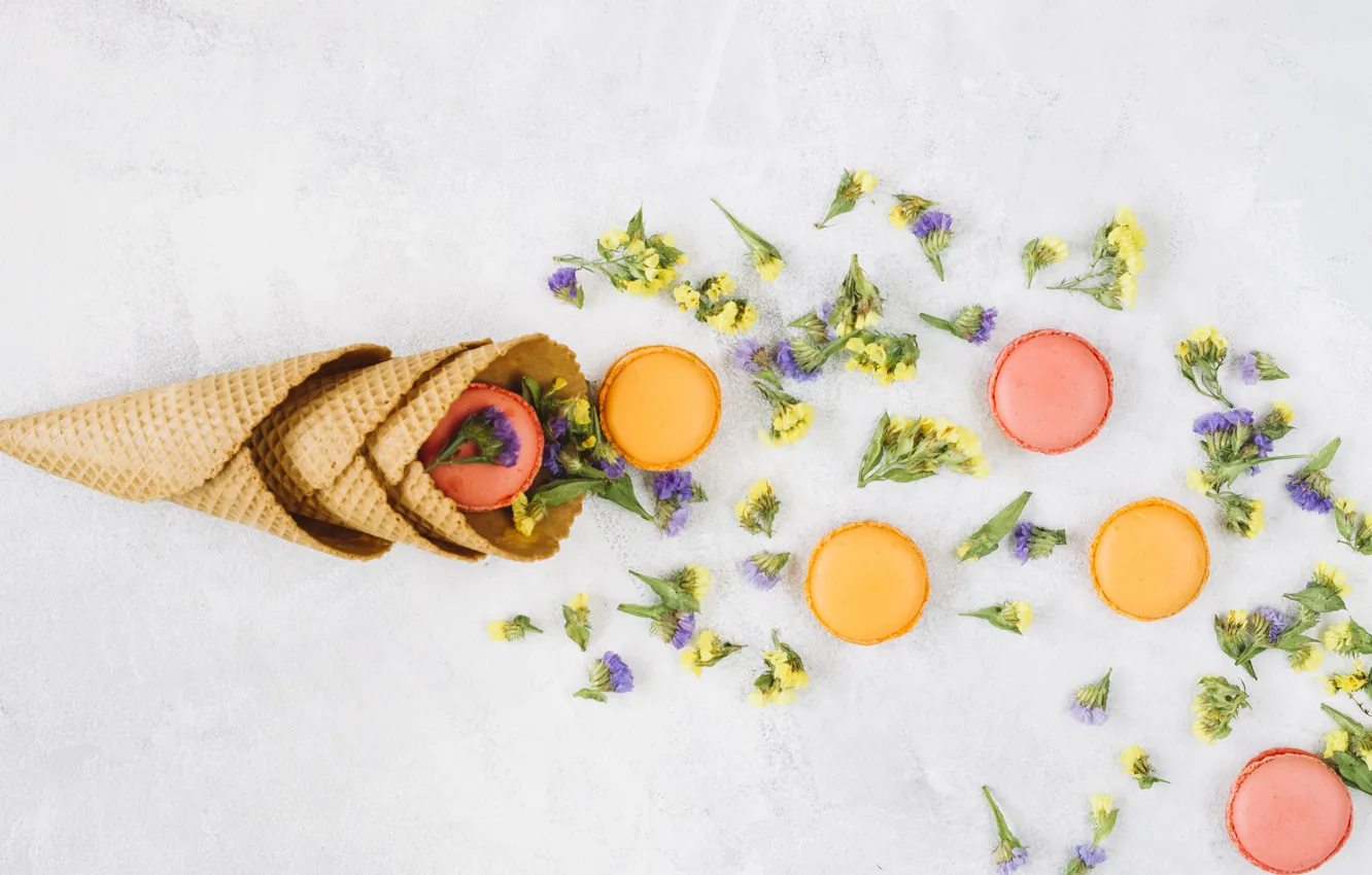 Photo wallpaper flowers, cookies, flowers, decor, macaroons, waffle cone