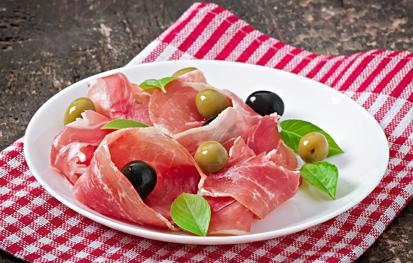 Photo wallpaper leaves, Board, plate, meat, olives, napkin, bokeh, cutting