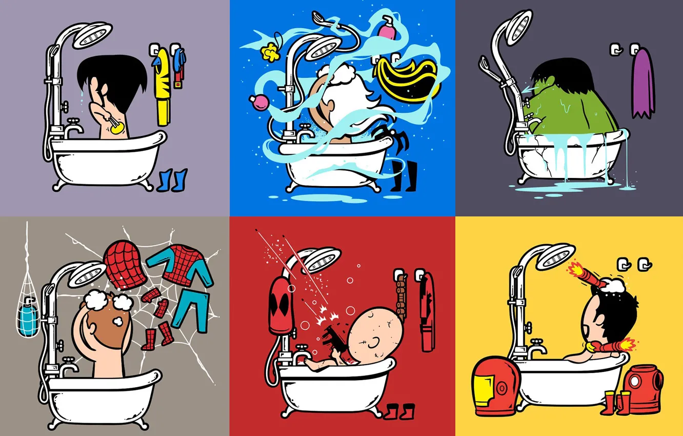 Photo wallpaper humor, art, bathroom, Hulk, Wolverine, Storm, art, Deadpool