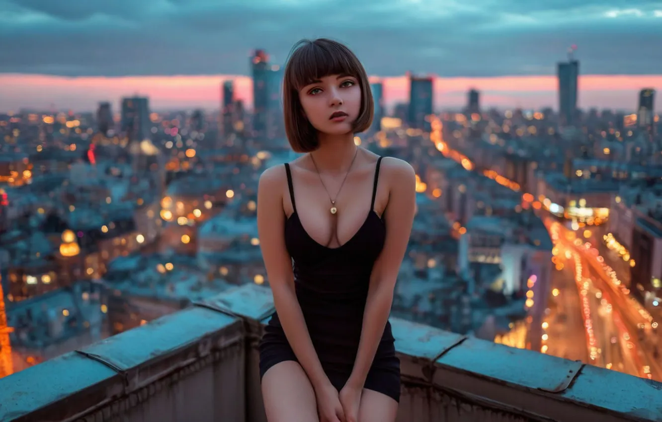 Photo wallpaper clouds, skyscrapers, pendant, neckline, digital art, sitting, evening city, short hair