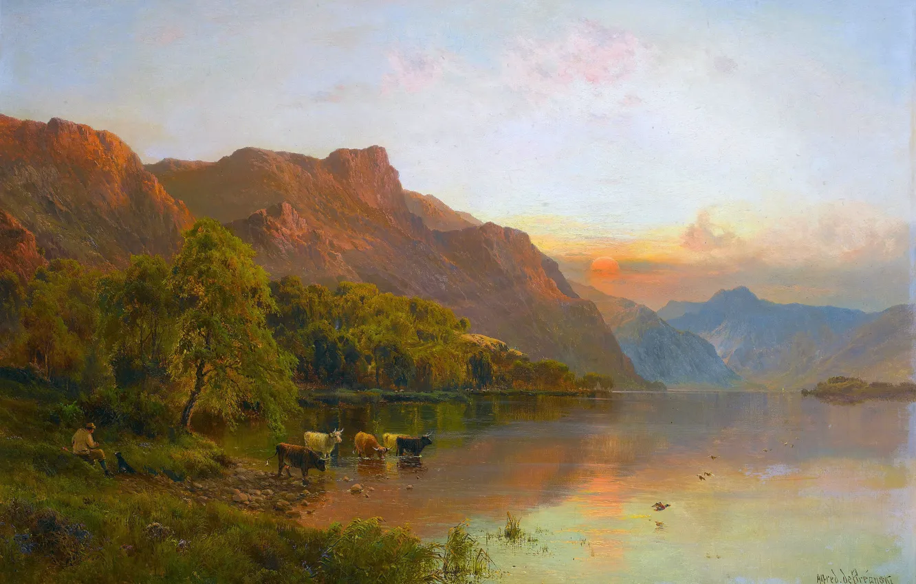 Photo wallpaper Water, Mountains, Trees, Picture, Cows, British artist, Alfred de Breansky, Gwynant North Wales