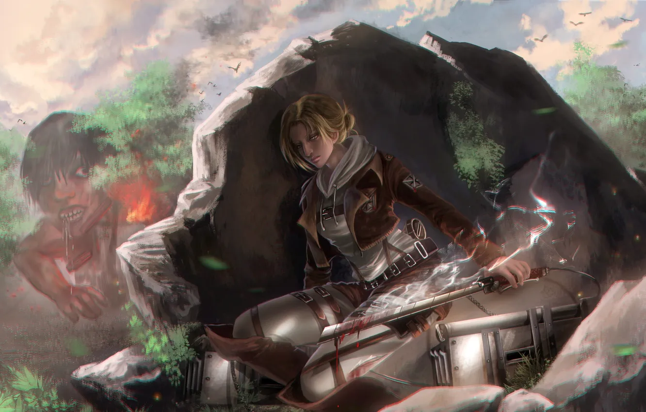 Photo wallpaper girl, anger, blood, soldiers, giant, art, blade, RikaMello