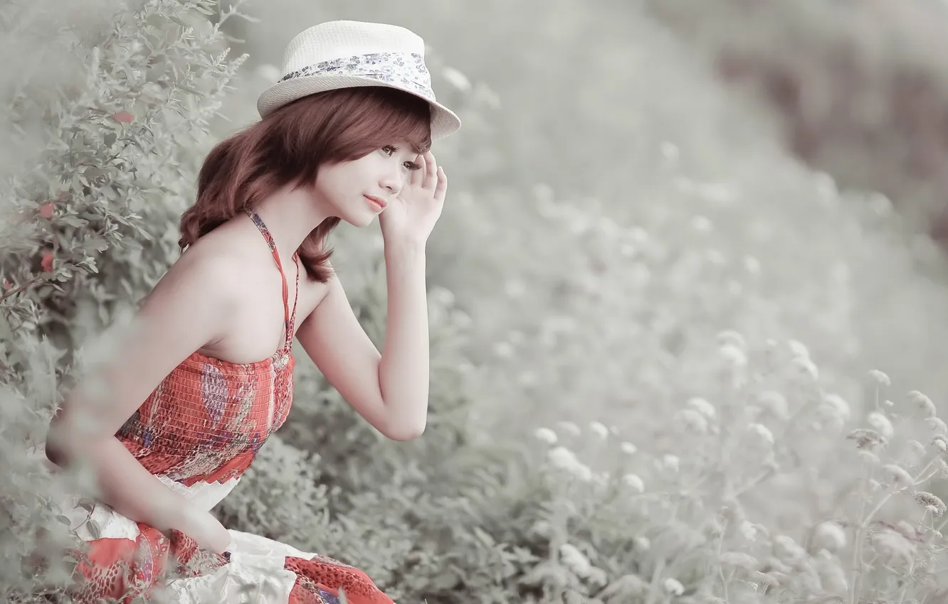 Photo wallpaper girl, hat, Asian