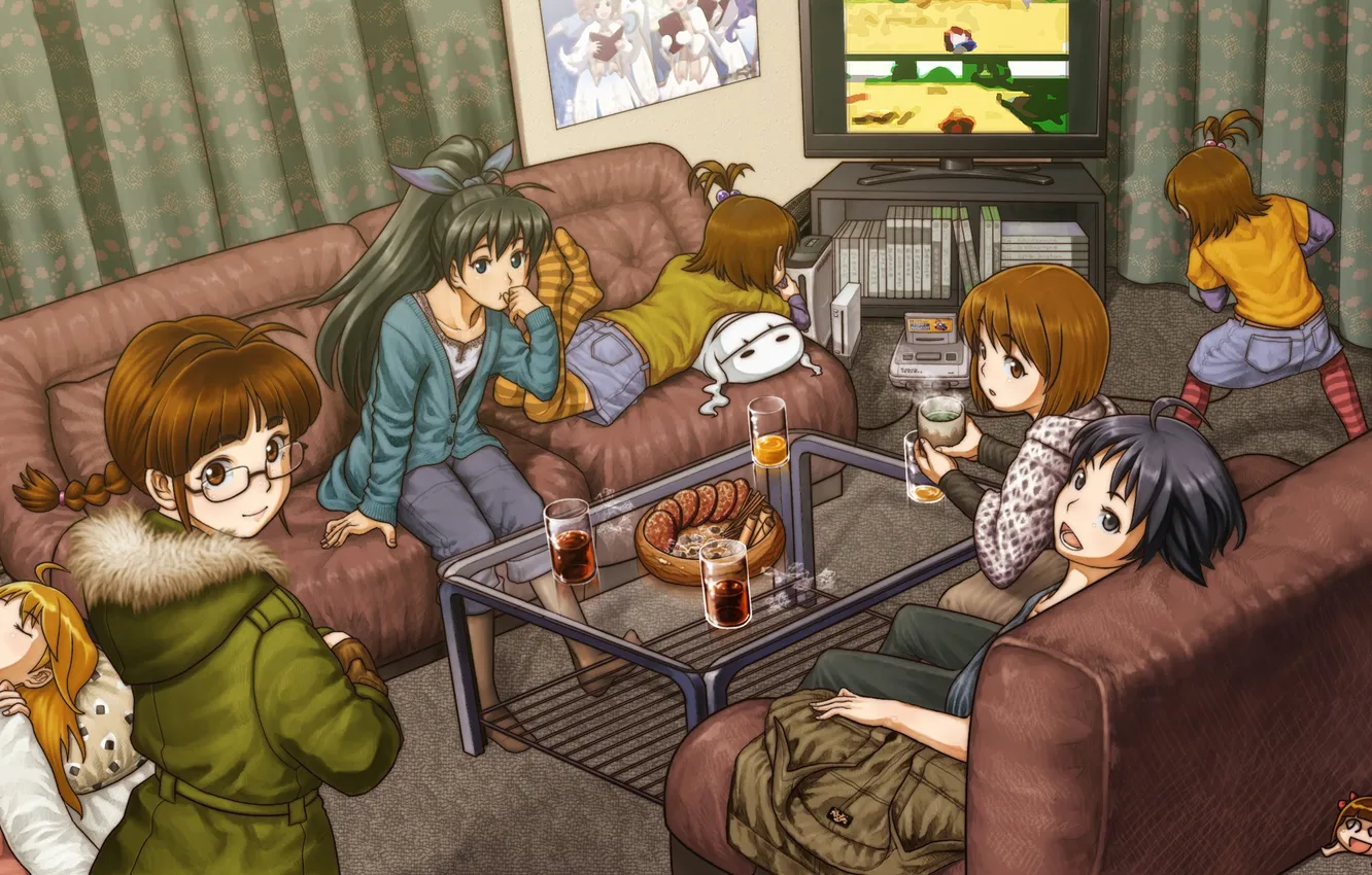Photo wallpaper table, room, meeting, anime, art, girl, party, friend