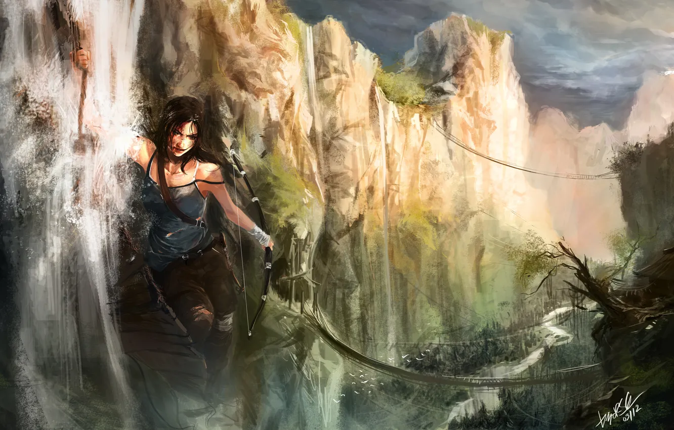 Photo wallpaper the sky, water, girl, bridge, rocks, waterfall, rope, bow