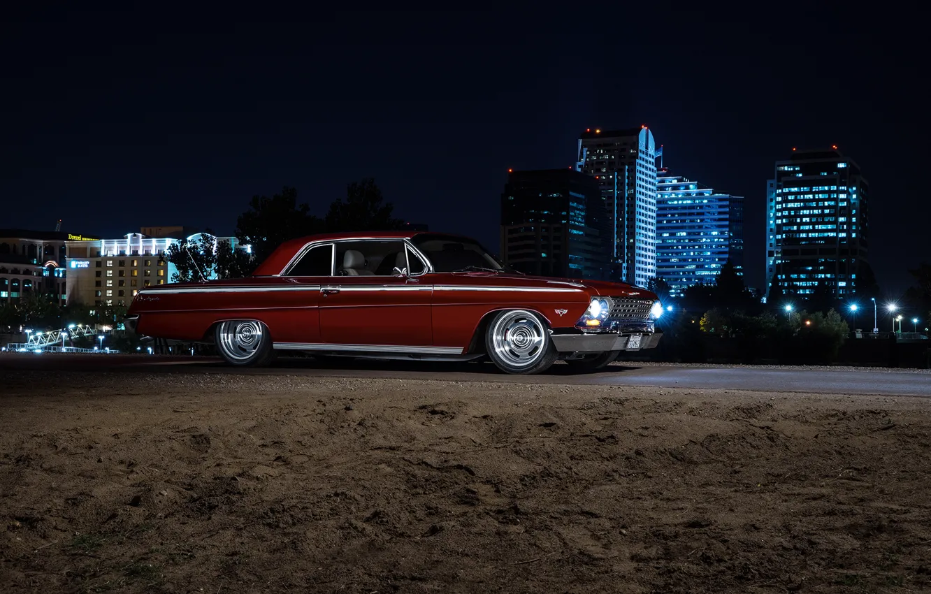Photo wallpaper Chevrolet, Muscle, Car, Front, Night, Impala, American, 1962