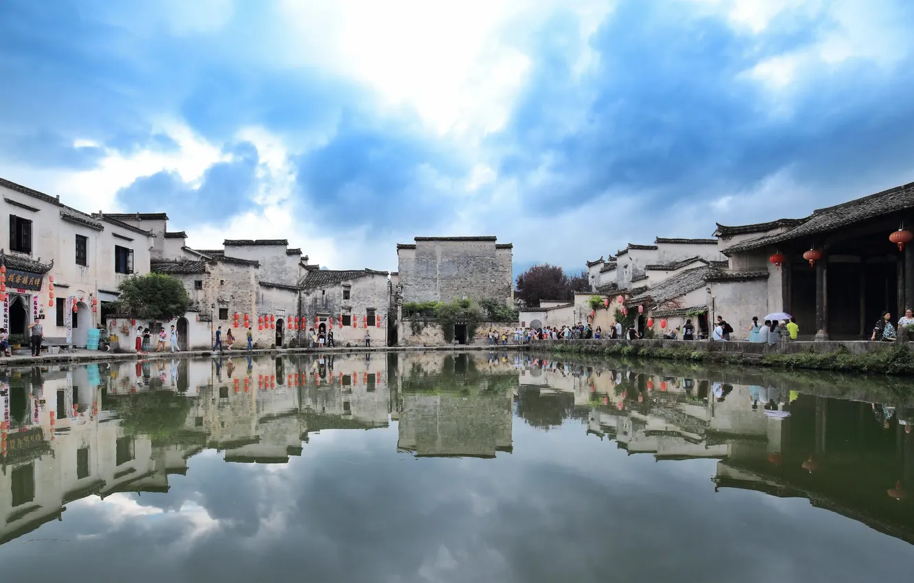 Photo wallpaper blue sky, architecture, green water, China Hongcun