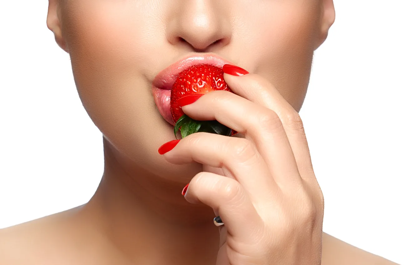 Photo wallpaper girl, face, background, hands, strawberry, lips