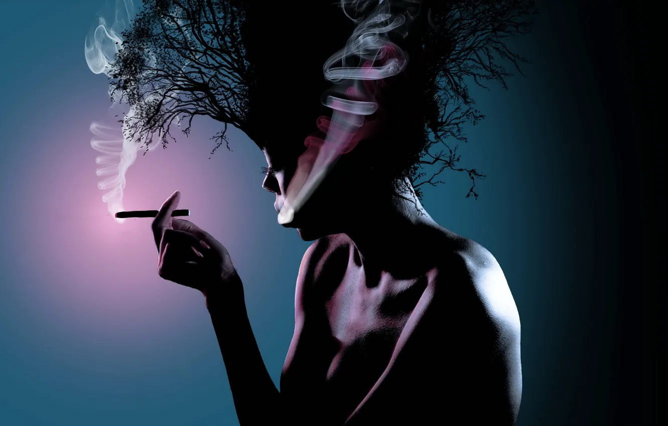 Photo wallpaper girl, style, background, hair, smoke, cigarette