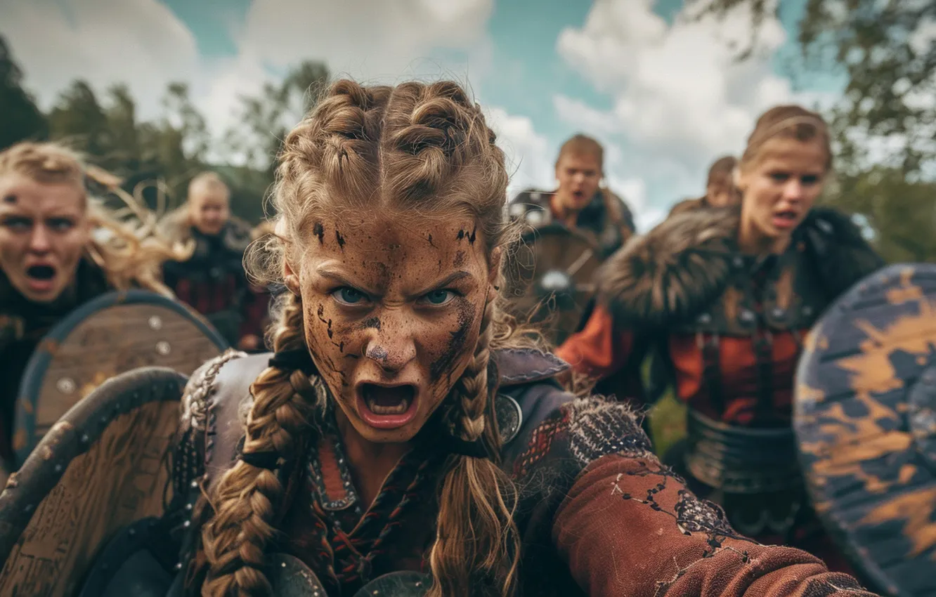 Photo wallpaper look, girl, shield, Creek, digital art, The Vikings, AI art, The Art of Artificial Intelligence