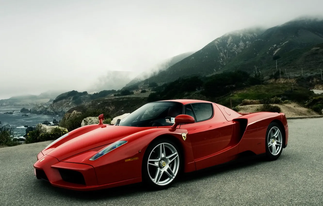Photo wallpaper auto, mountains, fog, car, sports, ferrari, Ferrari, red