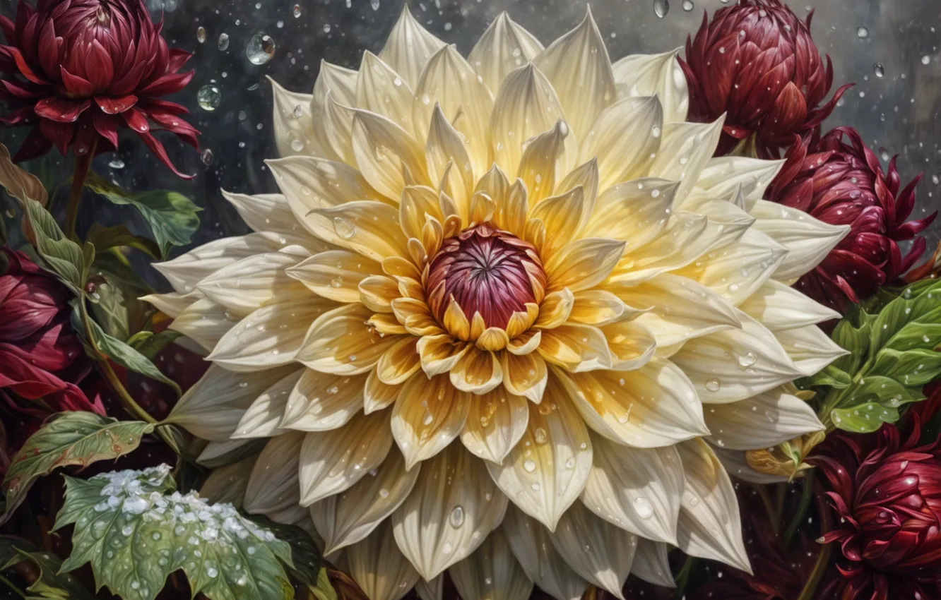 Photo wallpaper drops, Rosa, dahlias