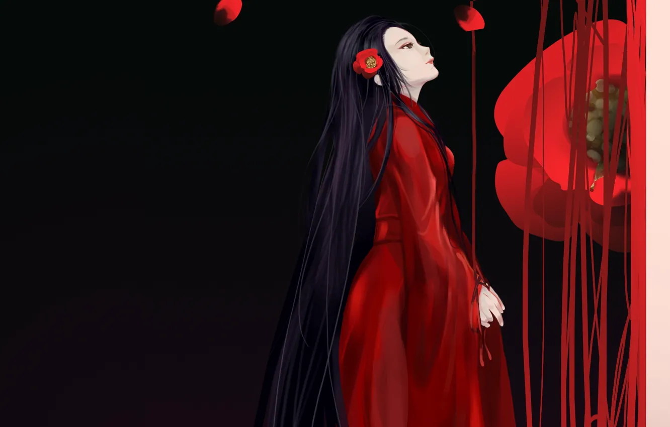 Photo wallpaper petals, Geisha, black background, red flower, red kimono