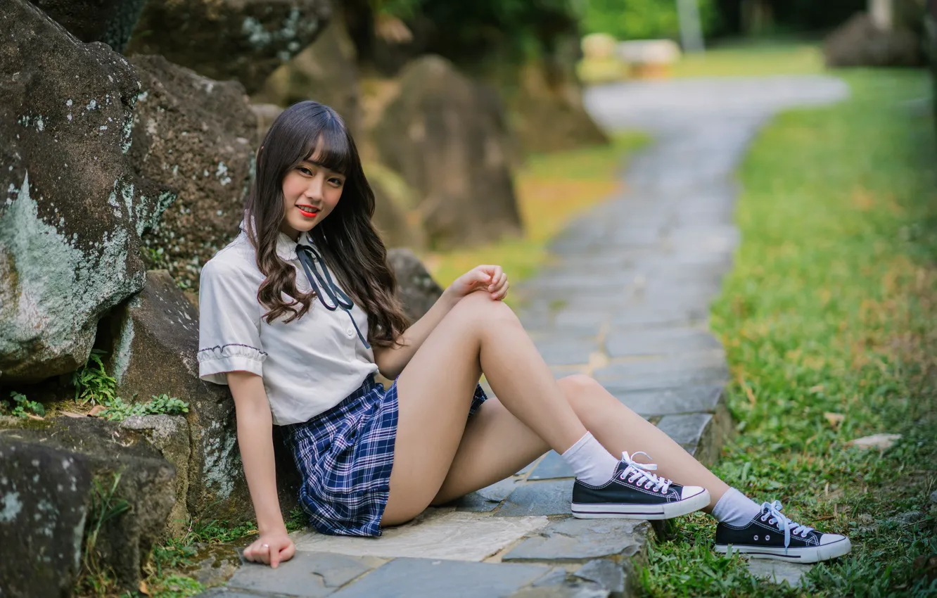 Photo wallpaper girl, model, beauty, asian, skirt, sneakers, Sweetheart