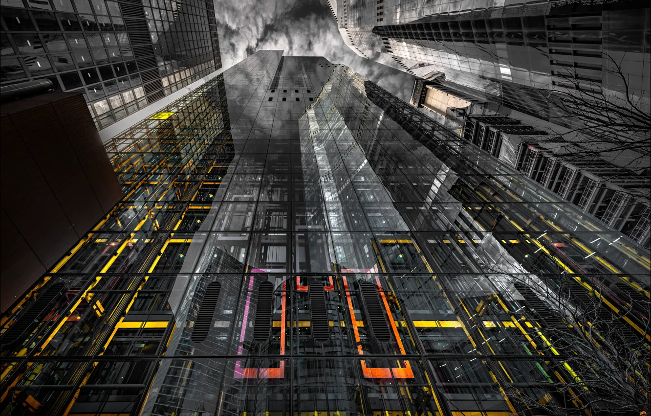 Photo wallpaper city, glass, sky, yellow, skyscraper, gray