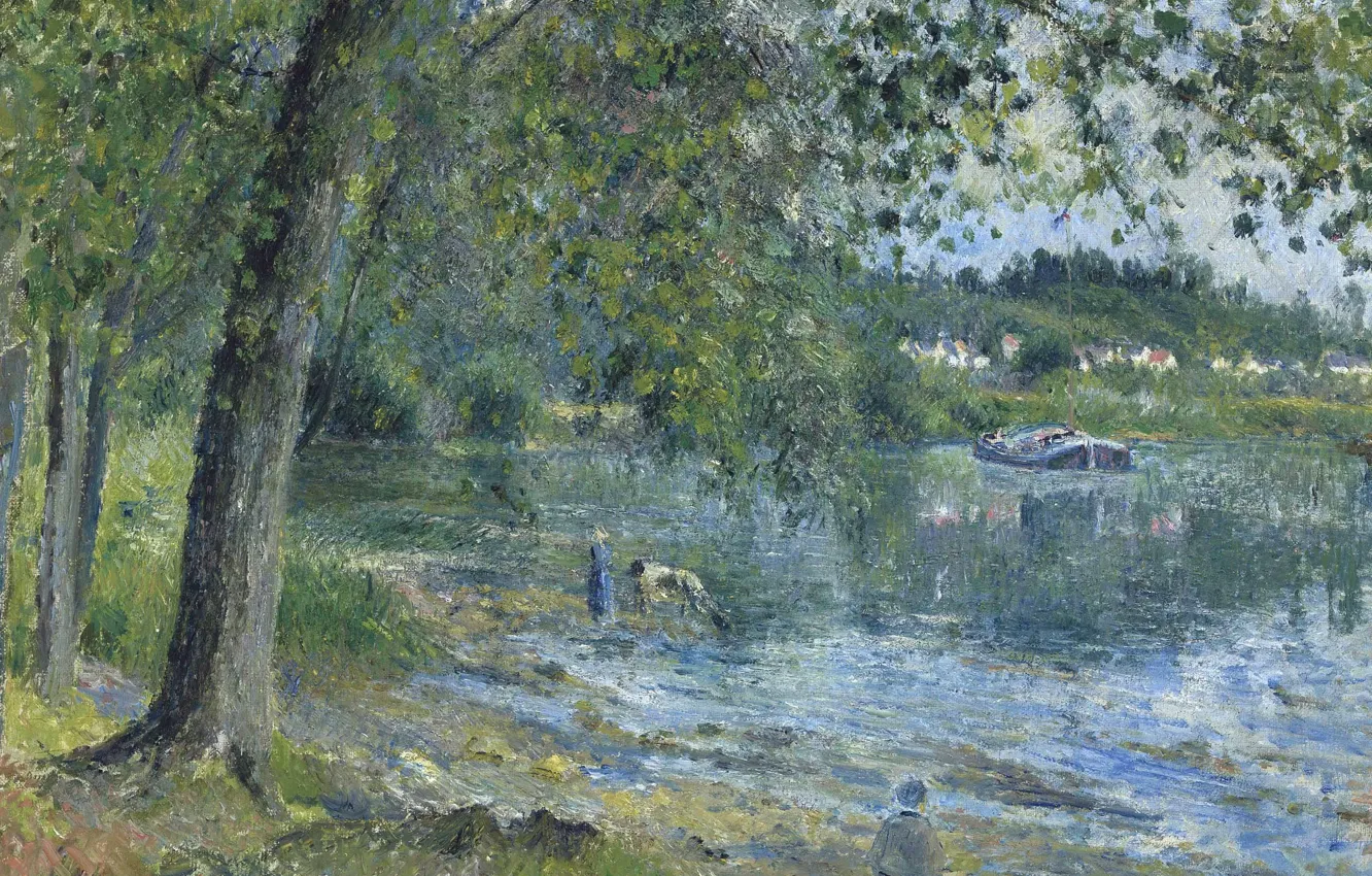 Photo wallpaper landscape, nature, picture, Camille Pissarro, The banks of the River Oise in Auvers-sur-Oise