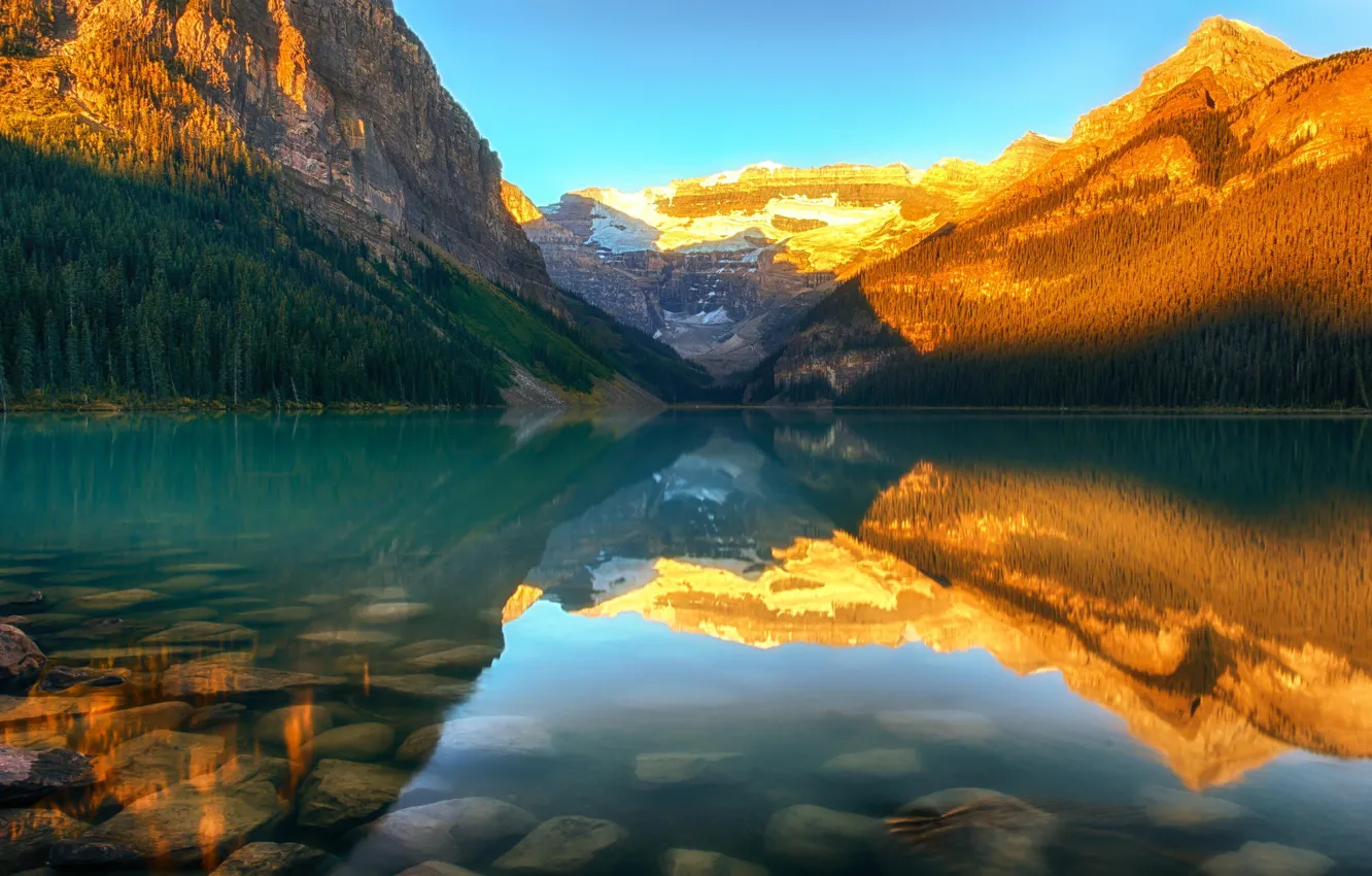 Photo wallpaper forest, sunset, mountains, nature, lake, Canada