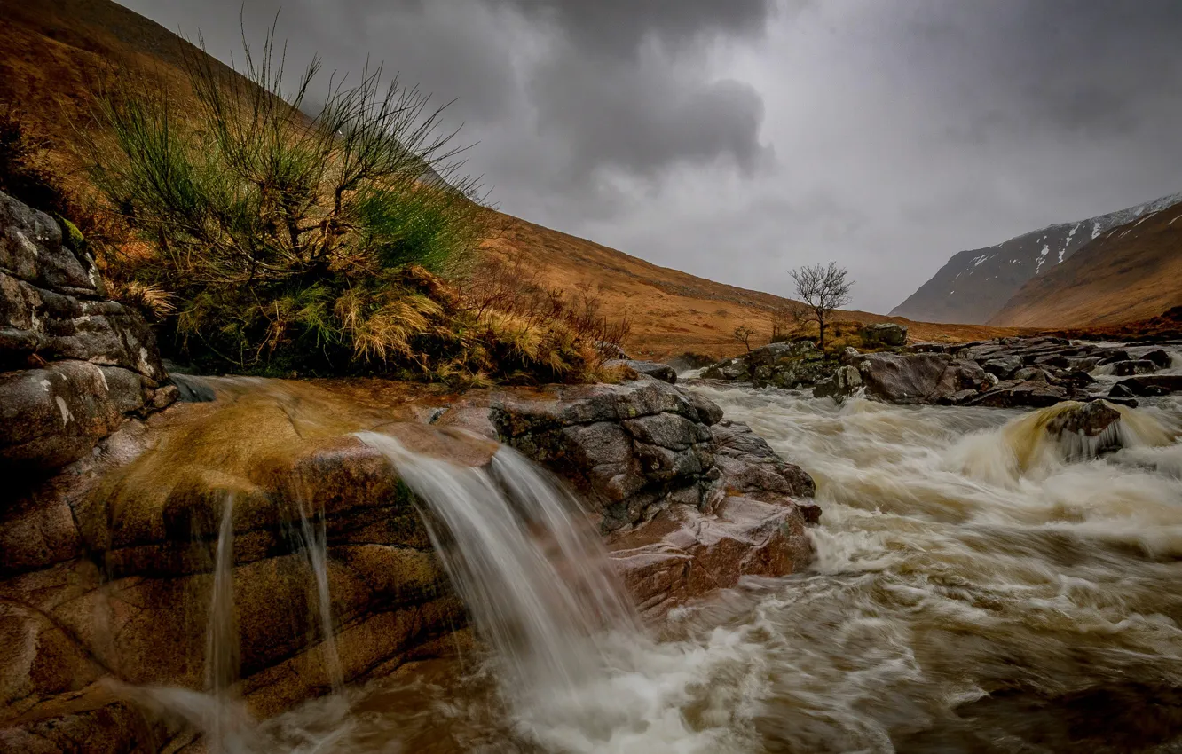 Photo wallpaper autumn, mountains, clouds, river, stones, waterfall, Scotland