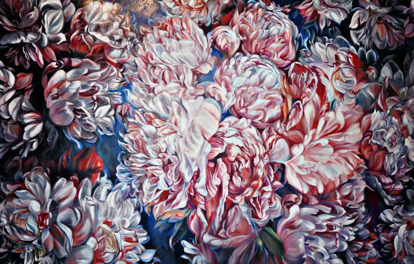 Photo wallpaper flowers, painting, Peonies, single