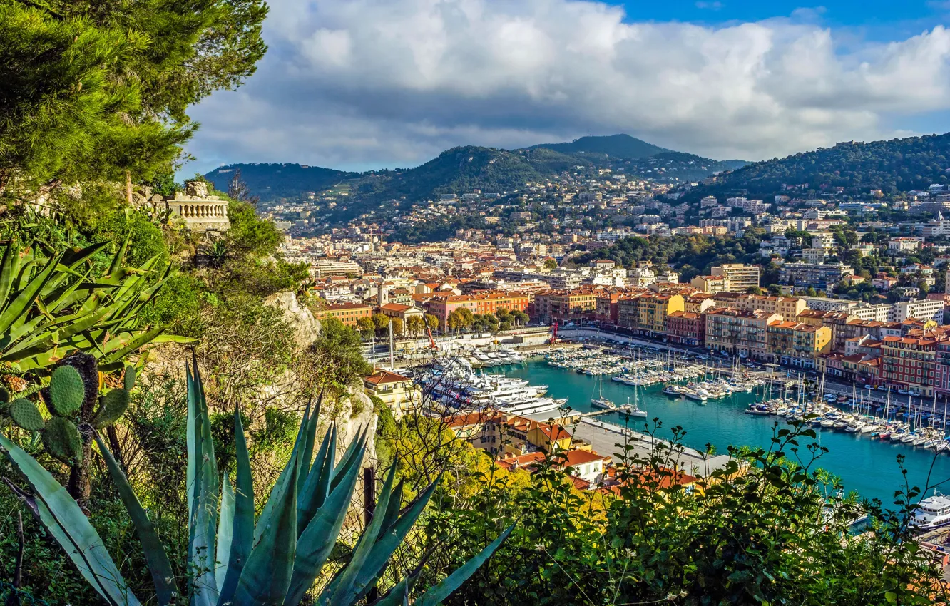 Photo wallpaper mountains, France, building, home, Bay, yachts, port, panorama