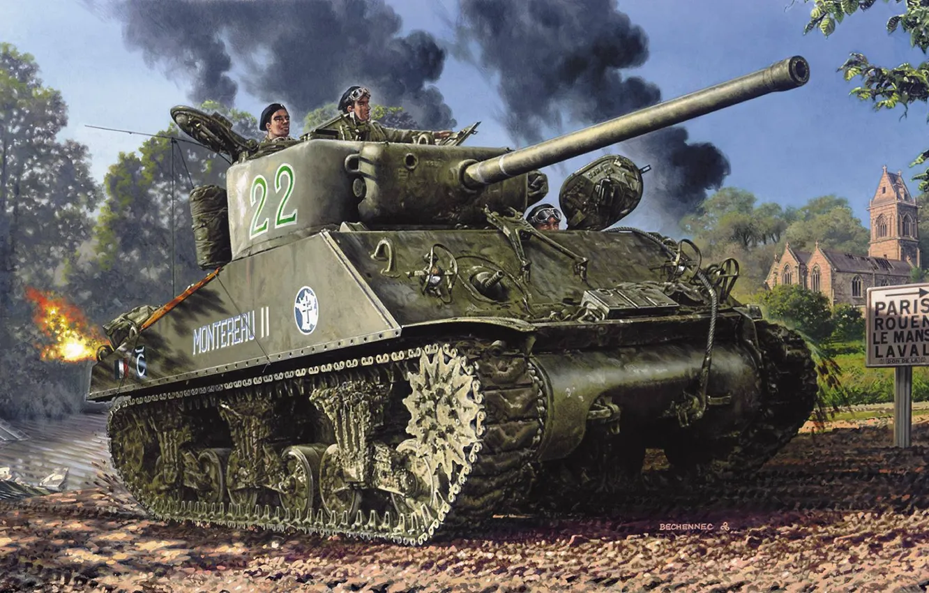 Photo wallpaper France, tank, average, Sherman M4A3(76)W, Daniel Bechennec