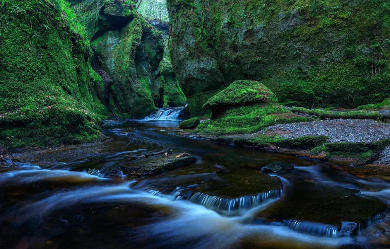 Photo wallpaper greens, stream, stones, rocks, for, moss, Scotland, cascade